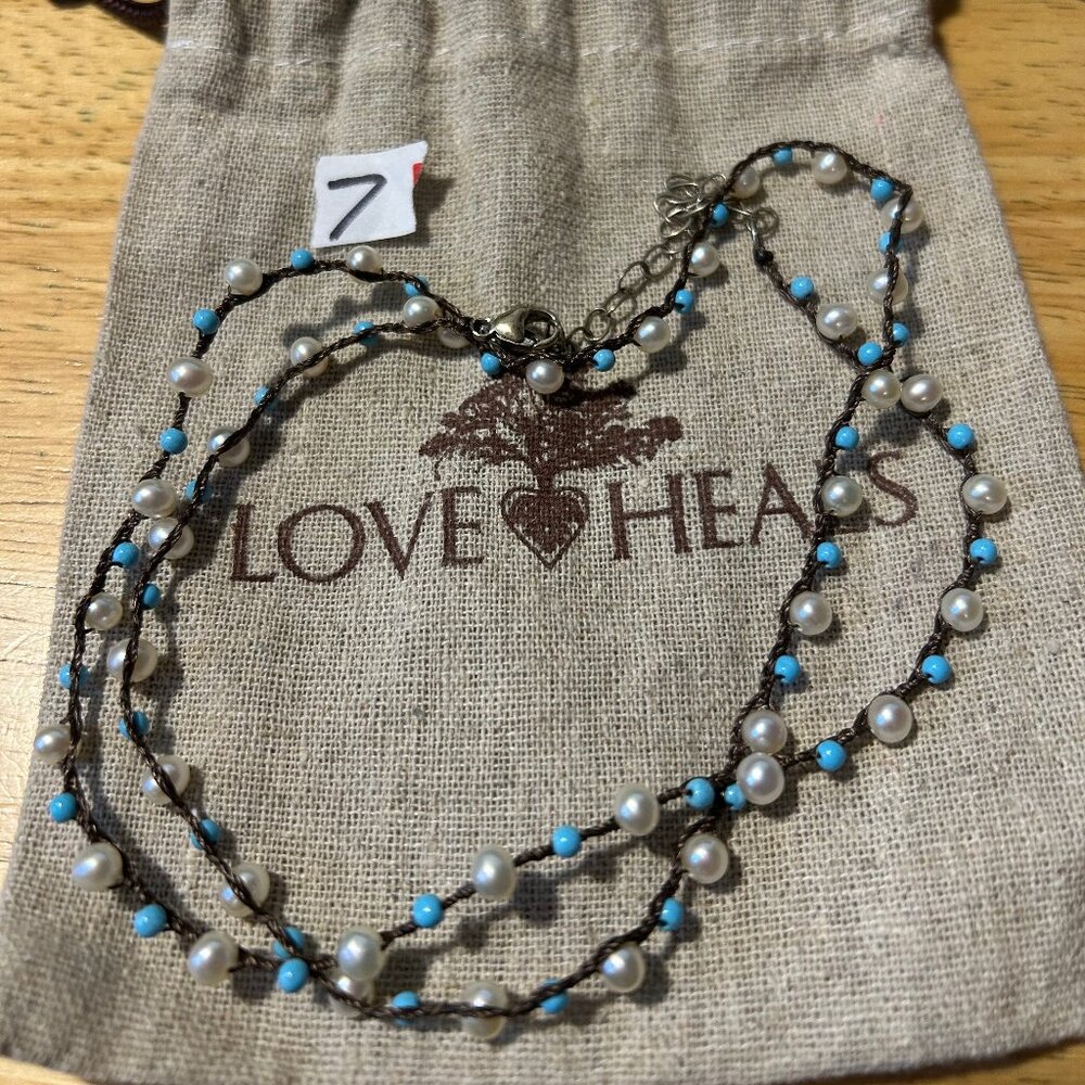 Women Love Heals Blue White Beaded String Necklace